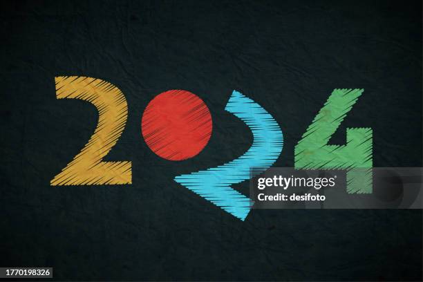 creative comic fun horizontal vector backgrounds or poster or banner with text year 2024 in vibrant colourful stroking pattern over scratched grunge textured black backdrop like a wrinkled crepe paper with a tilted 2 and one red circle or a circular dot - tissue paper background stock illustrations