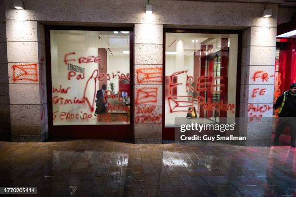 Activists from Palestine Action spray paint over the London offices of the Arms Company Leonardo which supplies fighter jets to the Israeli military...