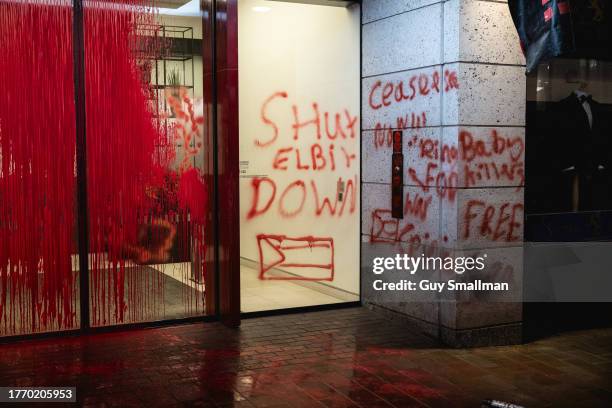 Activists from Palestine Action spray paint over the London offices of the Arms Company Leonardo which supplies fighter jets to the Israeli military...