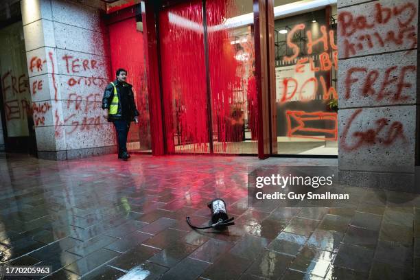 Activists from Palestine Action spray paint over the London offices of the Arms Company Leonardo which supplies fighter jets to the Israeli military...