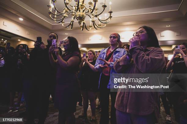 Richmond, VA - NOV. 7: Democratic supporters react to Democrats wins in the House of Delegates and State Senate during VA Democrat Watch Party at the...