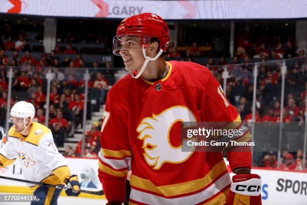 Yegor Sharangovich of the Calgary Flames skates the Nashville Predators at Scotiabank Saddledome on November 7, 2023 in Calgary, Alberta, Canada.