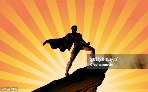 vector superhero looking at far away silhouette stock illustration - styles cape stock illustrations