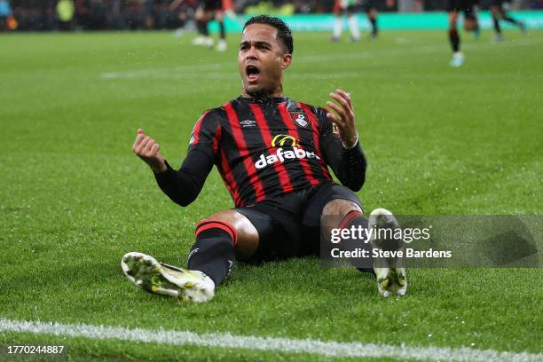 Justin Kluivert of AFC Bournemouth celebrates after scoring the team's first goal during the Carabao Cup Fourth Round match between AFC Bournemouth...