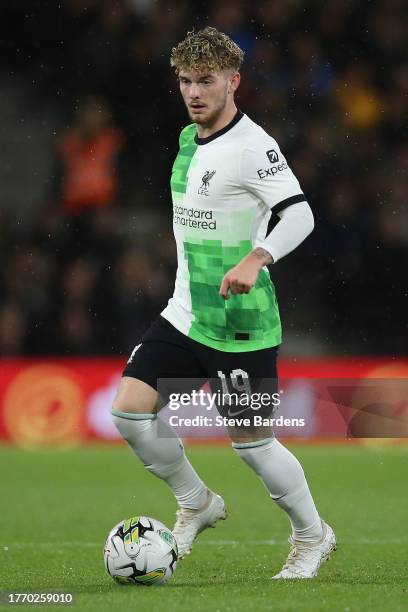 Harvey Elliott of Liverpool on the ball during the Carabao Cup Fourth Round match between AFC Bournemouth and Liverpool at Vitality Stadium on...