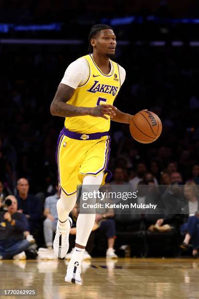 Cam Reddish of the Los Angeles Lakers brings the ball up court during the first quarter against the Los Angeles Clippers at Crypto.com Arena on...