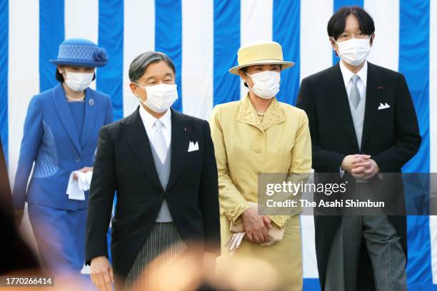 Emperor Naruhito, Empress Masako, Crown Prince Akishino, Crown Prince Fumihito and Crown Princess Kiko of Akishino walk toward guests prior to the...