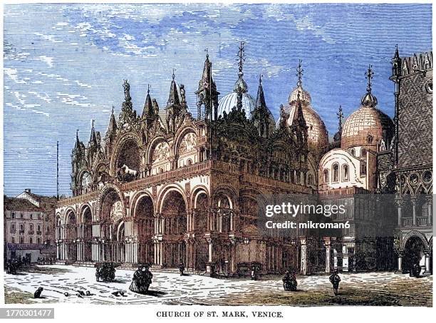 old engraved illustration of st mark's campanile (campanile di san marco or canpanièl de san marco) the bell tower of st mark's basilica in venice, italy - campanile venice stock pictures, royalty-free photos & images
