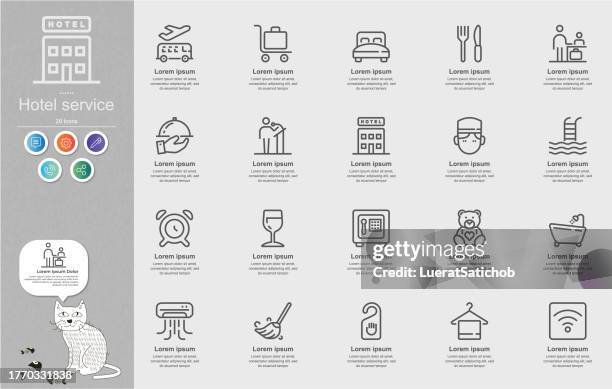 hotel service line icons content infographic - motel stock illustrations