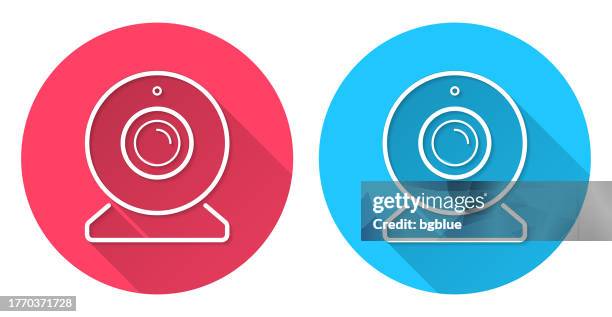 webcam. round icon with long shadow on red or blue background - video call agent stock illustrations