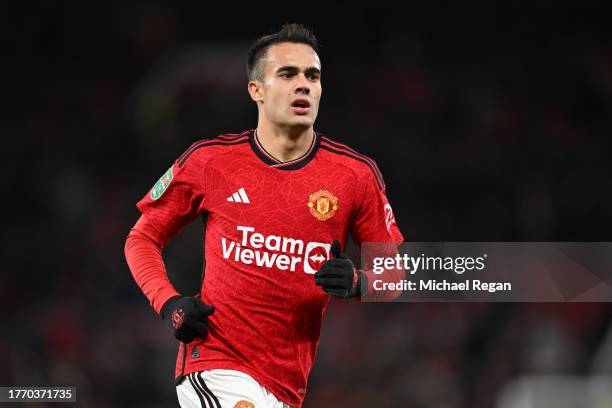 Sergio Reguilon of Manchester United in action during the Carabao Cup Fourth Round match between Manchester United and Newcastle United at Old...