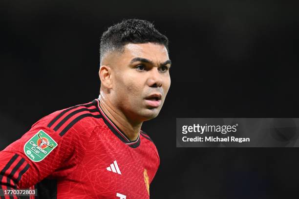 Casemiro of Manchester United looks on during the Carabao Cup Fourth Round match between Manchester United and Newcastle United at Old Trafford on...