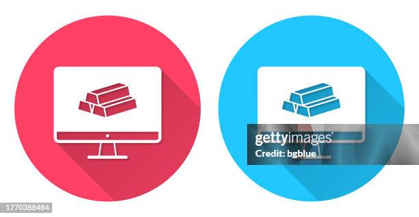 desktop computer with gold bars. round icon with long shadow on red or blue background - finance data on computer screen stock illustrations
