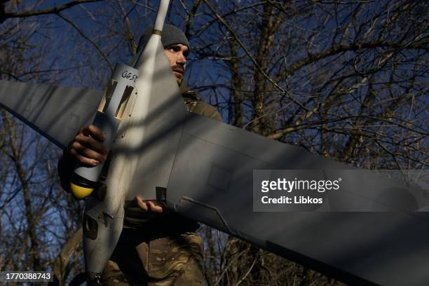 Ukrainian military operate a Punisher drone, a small fixed-wing reusable aircraft used by frontline infantry to strike military targets, on November...