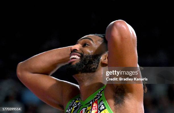 Alan Williams of the Phoenix reacts after being fouled out of the game during the round six NBL match between Brisbane Bullets and South East...