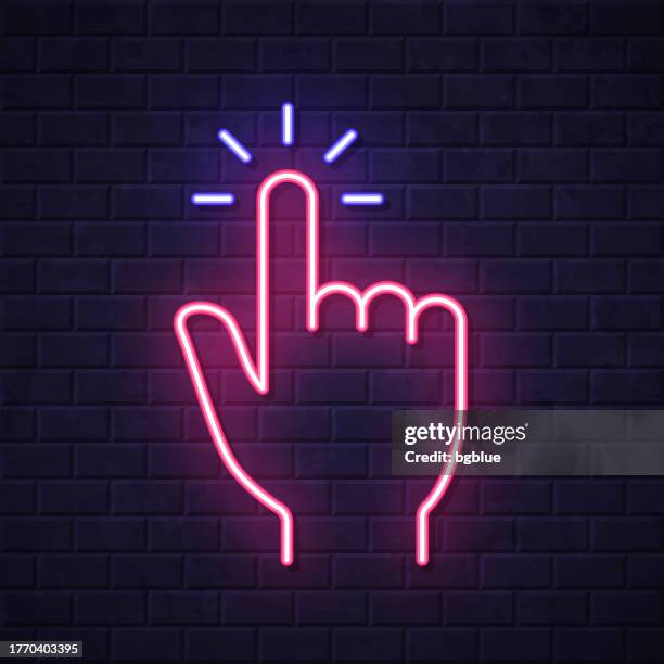 click with hand cursor. glowing neon icon on brick wall background - finger tapping stock illustrations