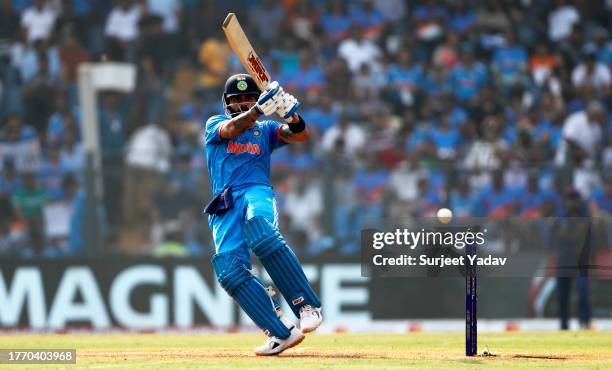 Virat Kohli of India plays a shot during the ICC Men's Cricket World Cup India 2023 between India and Sri Lanka at Wankhede Stadium on November 02,...