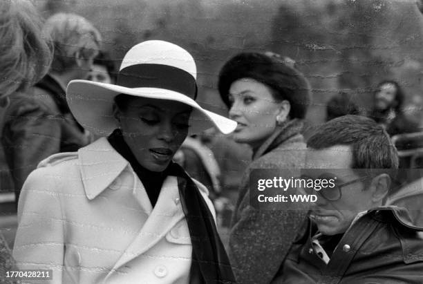 Singer Diana Ross, actress Marisa Mell, and Anthony Perkins on set during the filming of Mahogony.