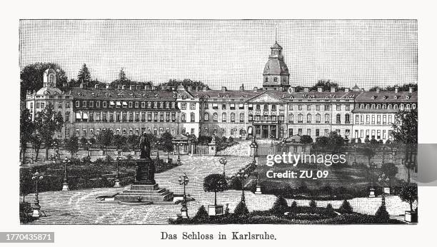 karlsruhe palace, baden-württemberg, germany, wood engraving, published in 1894 - karlsruhe stock illustrations
