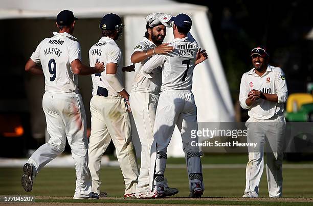 Monty Panesar of Essex celebrates taking the wicket of Alex Wakely of Northampton during day one of the LV County Championship Division Two game...