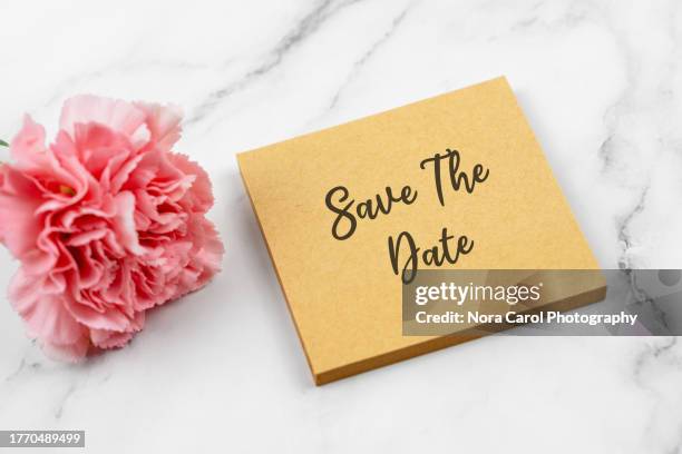 save the date invitation with carnation flower - wedding invitation stock pictures, royalty-free photos & images