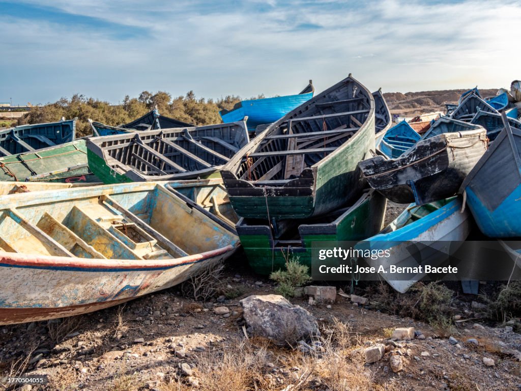 Cemetery of wooden boats (cayuco) used to transport immigrants between the Canary Islands and Africa.