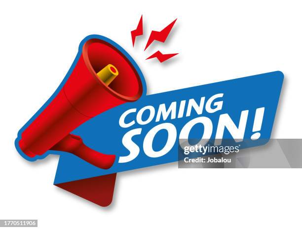 stockillustraties, clipart, cartoons en iconen met label 3d with megaphone speaker icon and text coming soon - aankondigingsbord