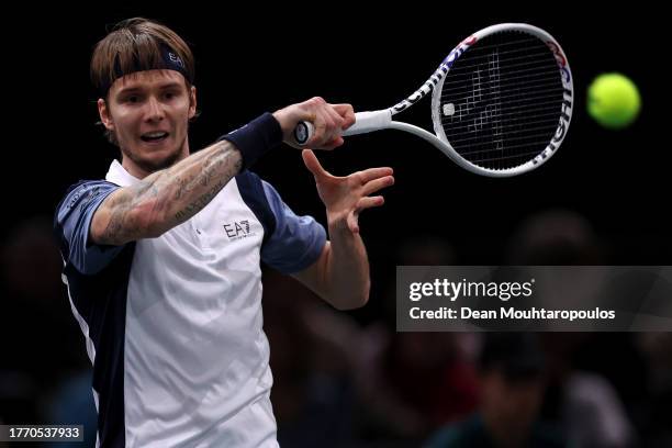 Alexander Bublik of Kazakhstan returns a forehand in his match against Grigor Dimitrov of Bulgaria during Day Four of the Rolex Paris Masters ATP...