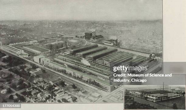 Builders Of Power - Color illustration of a aerial view of the Allis-Chalmers Monarch Tractor factory, showing the entire exterior and surroundings...