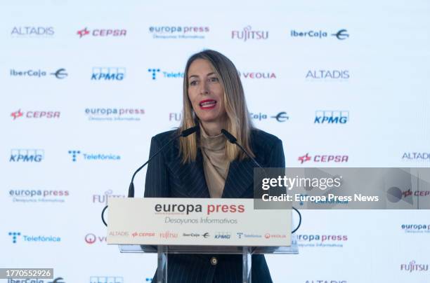 The president of the regional government of Extremadura, Maria Guardiola, speaking at a Europa Press breakfast briefing at the Rosewood Vila Magna...