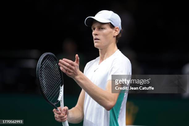 Jannik Sinner of Italy celebrates his second round victory against Mackenzie Mcdonald of USA during day 3 of the Rolex Paris Masters 2023, ATP...