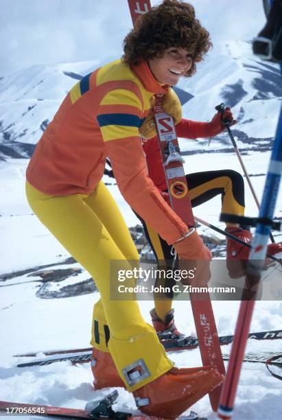 Sporting Look: Portrait of hot dog skiier Penny Street wearing striped parka with stretch bands and Head stretch pants during photo shoot at The...