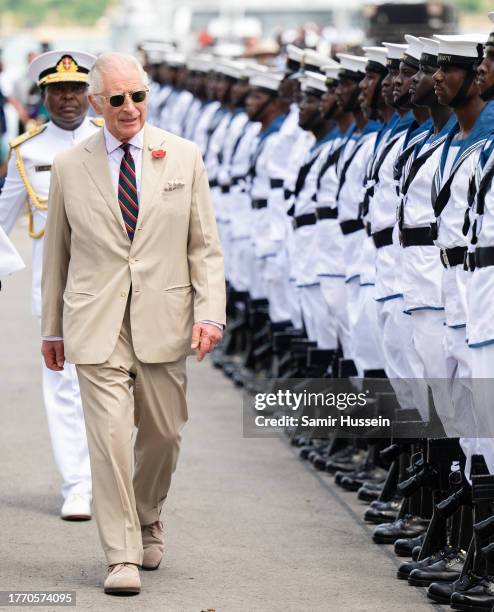 King Charles III walks through the Guard of Honour from members of the Kenya Navy during a visit to Mtongwe Naval Base where they will witness the...