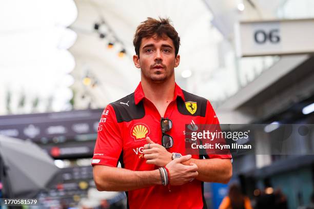 Charles Leclerc of Monaco and Ferrari F1 team walks in the paddock during previews ahead of the F1 Grand Prix of Brazil at Autodromo Jose Carlos Pace...