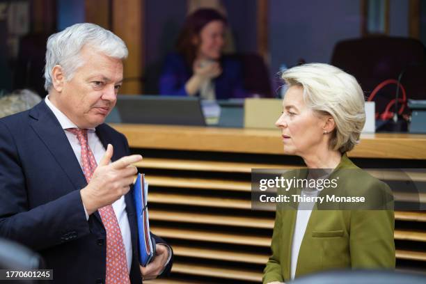 Commissioner for Justice Didier Reynders talks with the President of the European Commission Ursula von der Leyen prior the start of the EU...