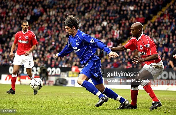 Alessandro Pistone of Everton clears the ball from Richard Rufus of Charlton during the FA Barclaycard Premiership match between Charlton Athletic...