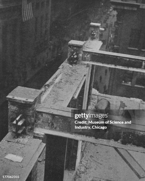 The Origin Of The Skyscraper - black and white photograph showing a view of the fifth floor level, of The Home Insurance Building, facing LaSalle...