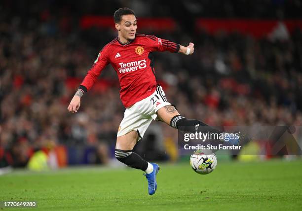 Antony of Manchester United in action during the Carabao Cup Fourth Round match between Manchester United and Newcastle United at Old Trafford on...