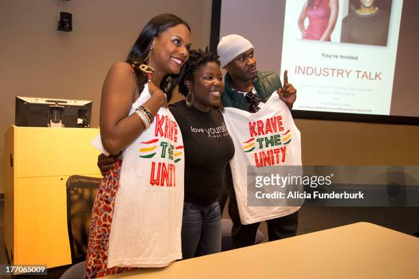Actors Brian Hooks and Tabitha Brown attend the "Laughing To The Bank" movie promo visit at North Carolina Agricultural & Technical State University...
