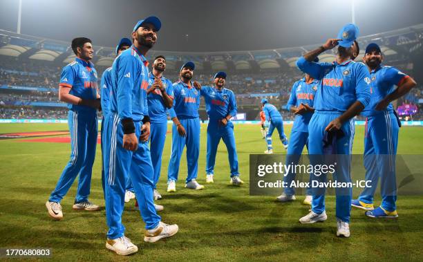 Players of India look on ahead of fielding during the ICC Men's Cricket World Cup India 2023 between India and Sri Lanka at Wankhede Stadium on...