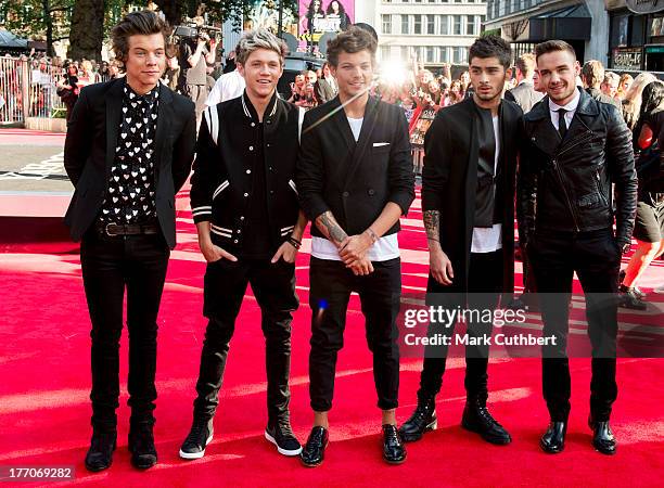 Niall Horan, Louis Tomlinson, Zayn Malik, Liam Payne and Harry Styles attend the World Premiere of 'One Direction: This Is Us' at Empire Leicester...