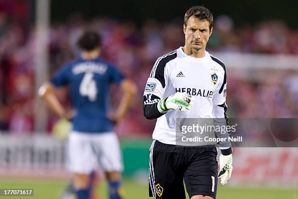 Carlo Cudicini of the Los Angeles Galaxy looks on against FC Dallas on August 11, 2013 at FC Dallas Stadium in Frisco, Texas.