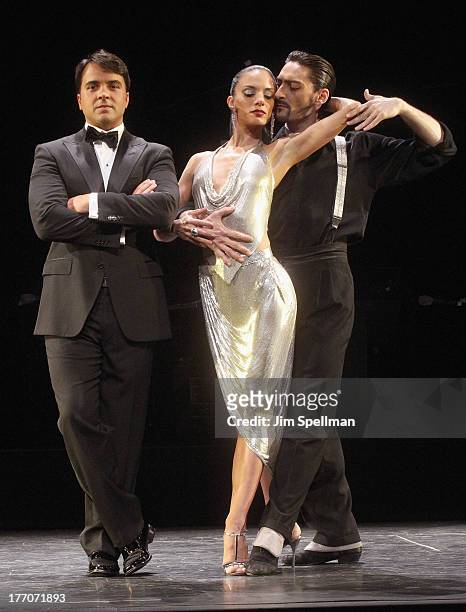 Singer Luis Fonsi, dancers Victoria Galoto and Juan Paulo Horvath greet the press before joining the cast of Broadway's "Forever Tango" at Walter...