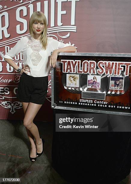 Musician/actress Taylor Swift attends a press event for breaking The Staple Center's record of most sold-out shows for a solo artist held at the...