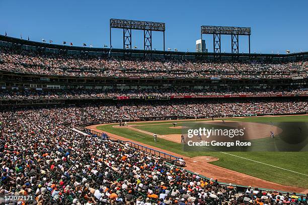 Packed, sunny day at AT&T Park is viewed from right field foul line on July 10 in San Francisco, California. Special ferry boats transport San...