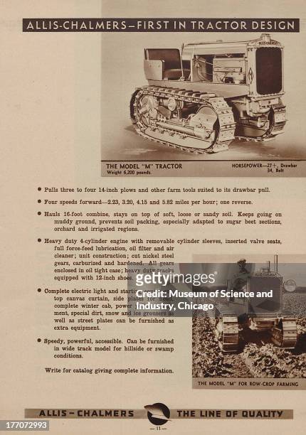 The Allis Chalmers - First In Tractor Design - black and white photograph of a Model M Tractor on top and an image of a Model M Tractor being used...