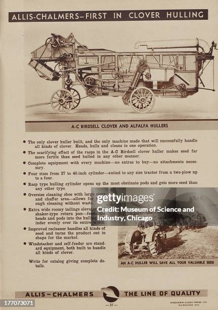 The Allis Chalmers - First In Clover Hulling - black and white photograph with an image of a Birdsell Clover and Alfalfa Hullers at the top and...