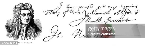 sir isaac newton portrait with handwritten text and signature - stars portrait session stock illustrations