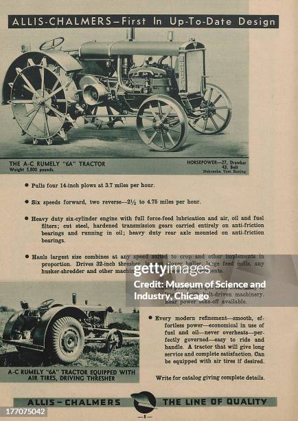 The Allis Chalmers - First In Up-To-Date Design - black and white photograph of a Rumely 6A Tractor at the top, and at the bottom there is an image...