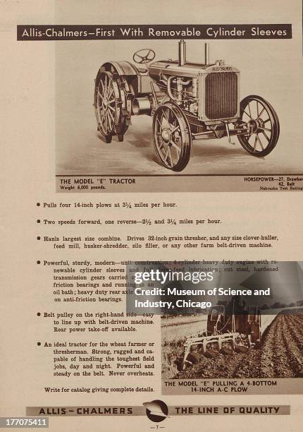 The Allis Chalmers - First With Removable Cylinder Sleeves - black and white photographs of a 6,000 pound, Model E Tractor at the top of the page and...